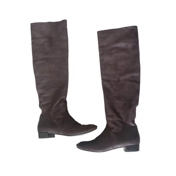 Prada Knee High Flat Boots Brown Leather Gold Zipper Women's Size 37.5 - Picture 2 of 7
